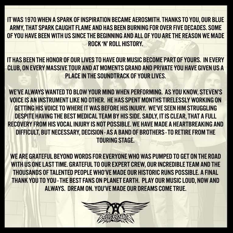 Aerosmith, statement about retiring from the road, image 