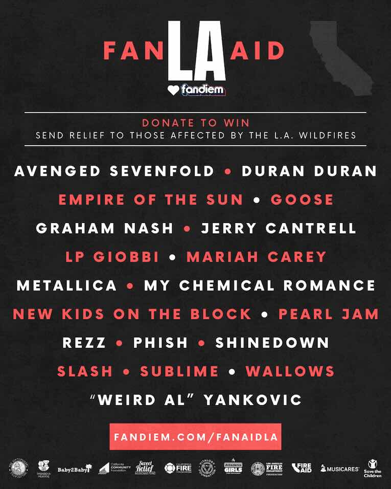 FanAidLA, Fundraiser for LA Wildfire Relief, Fandiem, Mariah Carey, Metallica